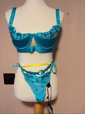 Honey Birdette Turquoise Satin & Yellow Accent Bra and Garter Bikini Set